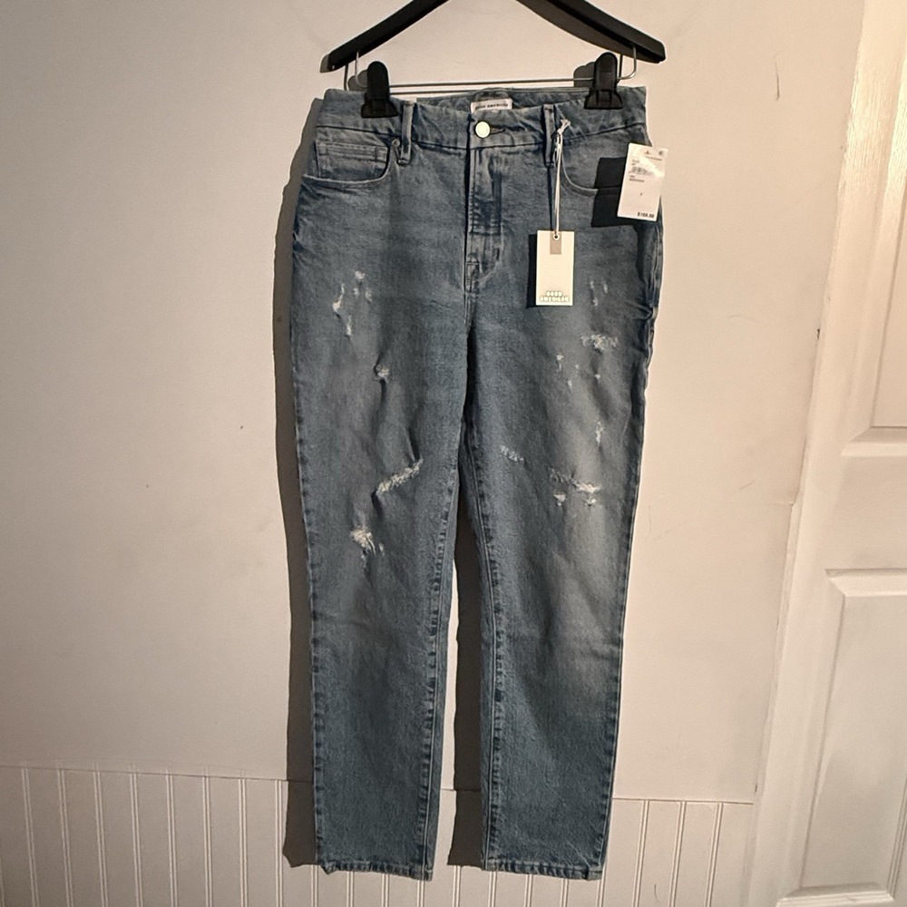 Good American Good Classic Jeans Size 2 Skinnyish Lightwash High Rise Distress